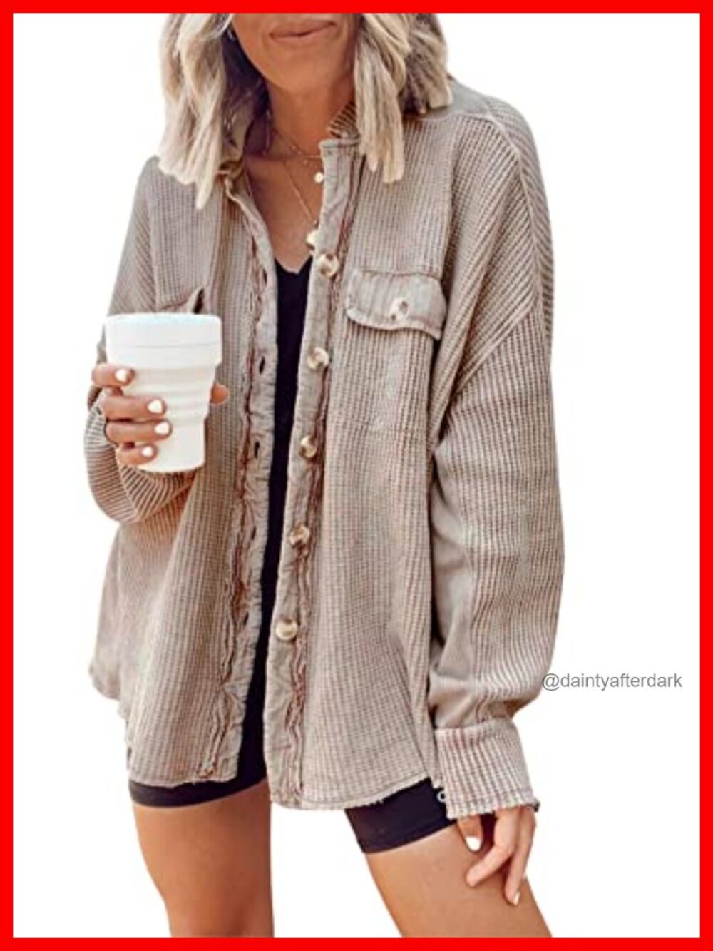 Waffle Knit Button Down Shacket Women Batwing Sleeve Loose Fit